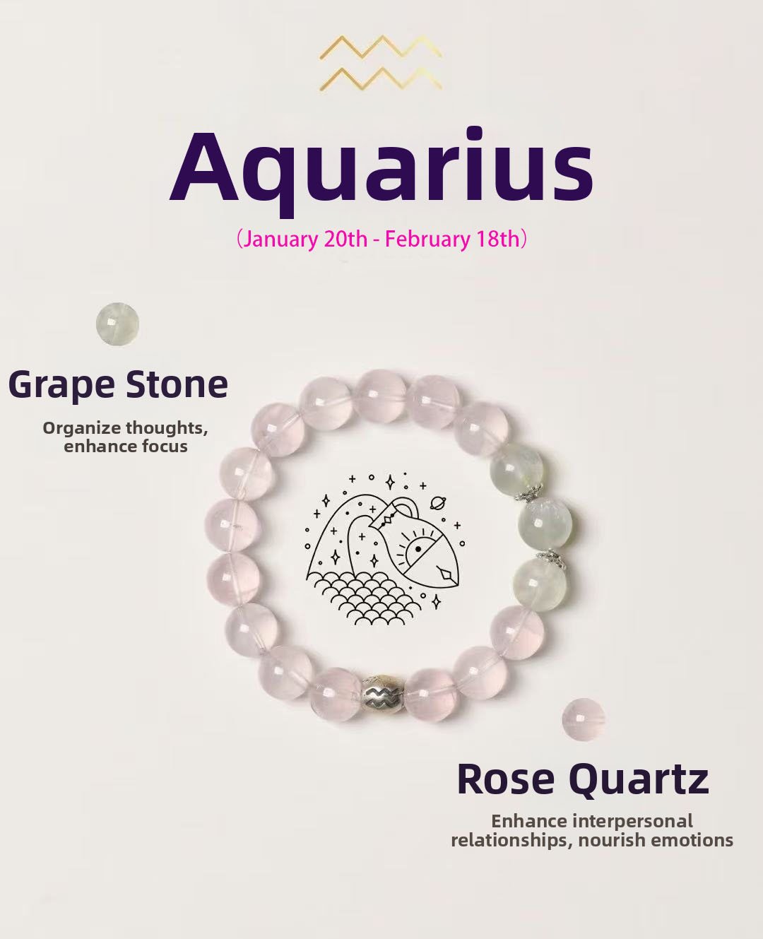 Aquarius Zodiac Bracelet with Rose Quartz and Prehnite beads for heart healing