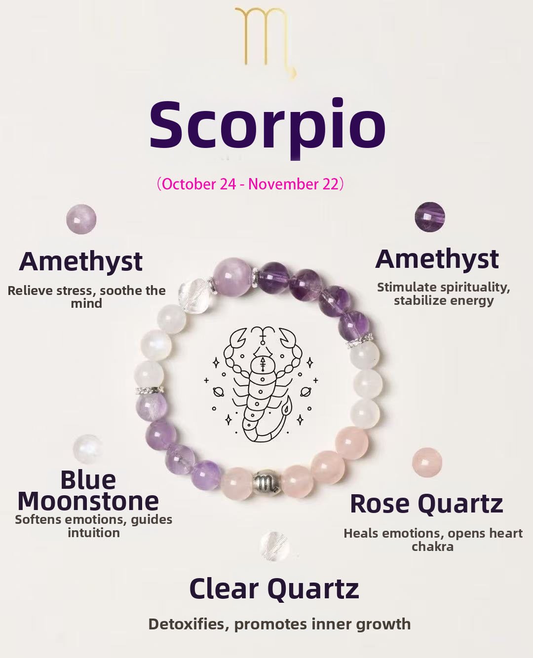 Scorpio Crystal Bracelet with Amethyst Kunzite Rose Quartz