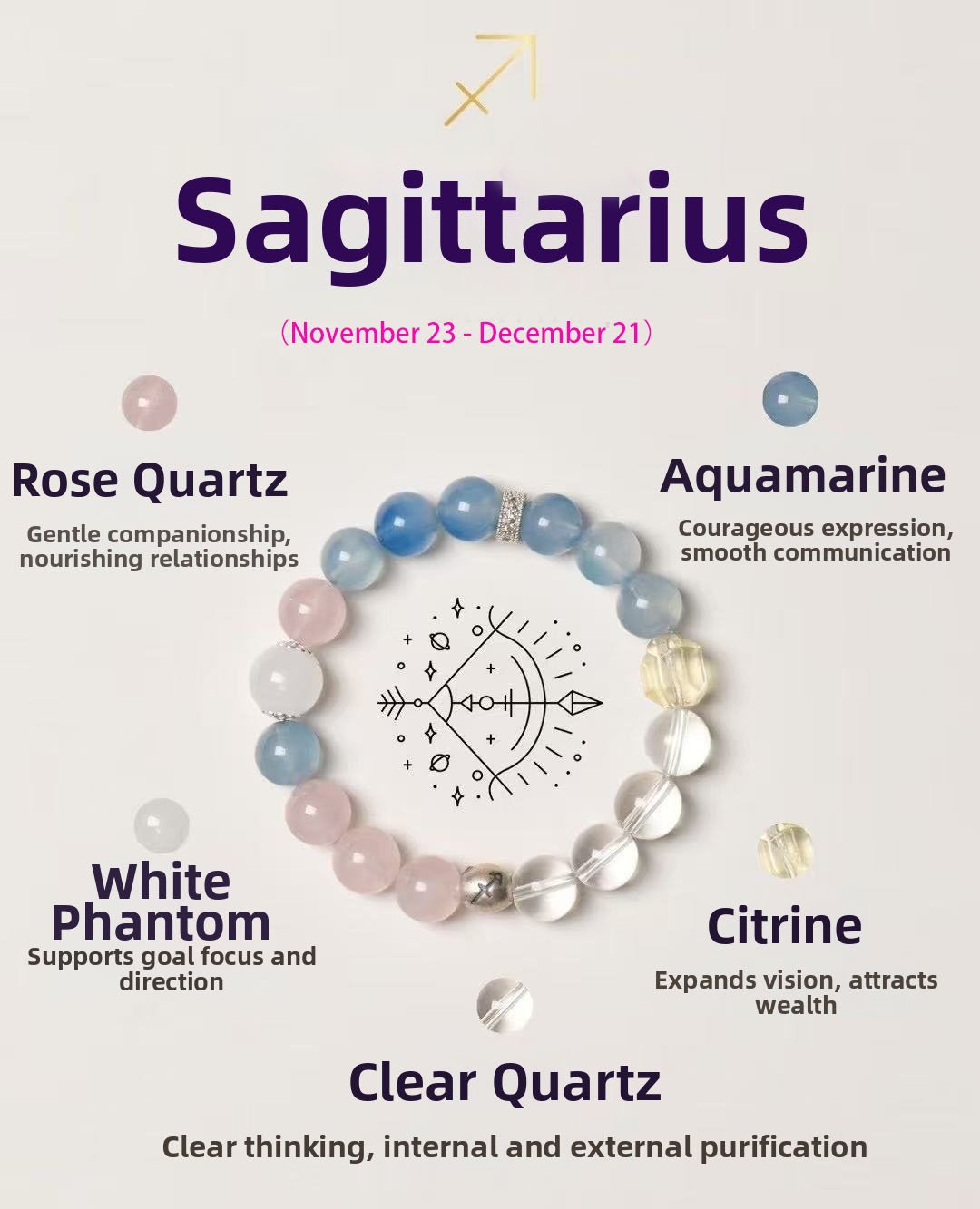 Sagittarius Zodiac Bracelet with Aquamarine, Rose Quartz, Clear Quartz, Citrine and White Phantom Quartz beads