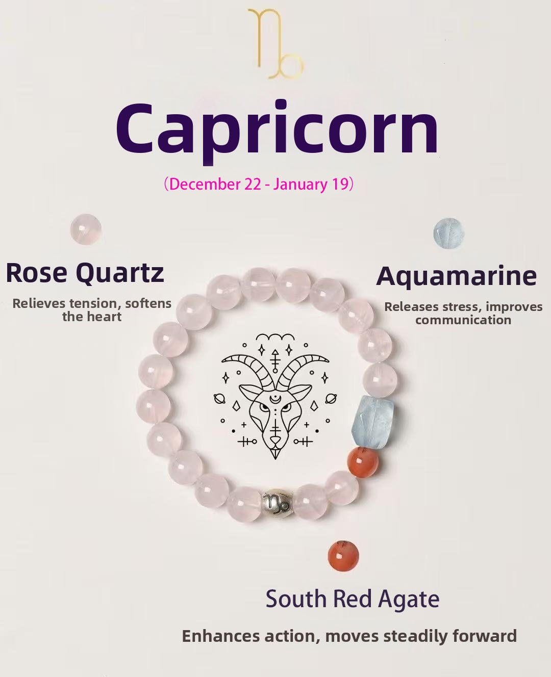 Capricorn Zodiac Bracelet with Rose Quartz, Red Nanhong Agate and Aquamarine beads