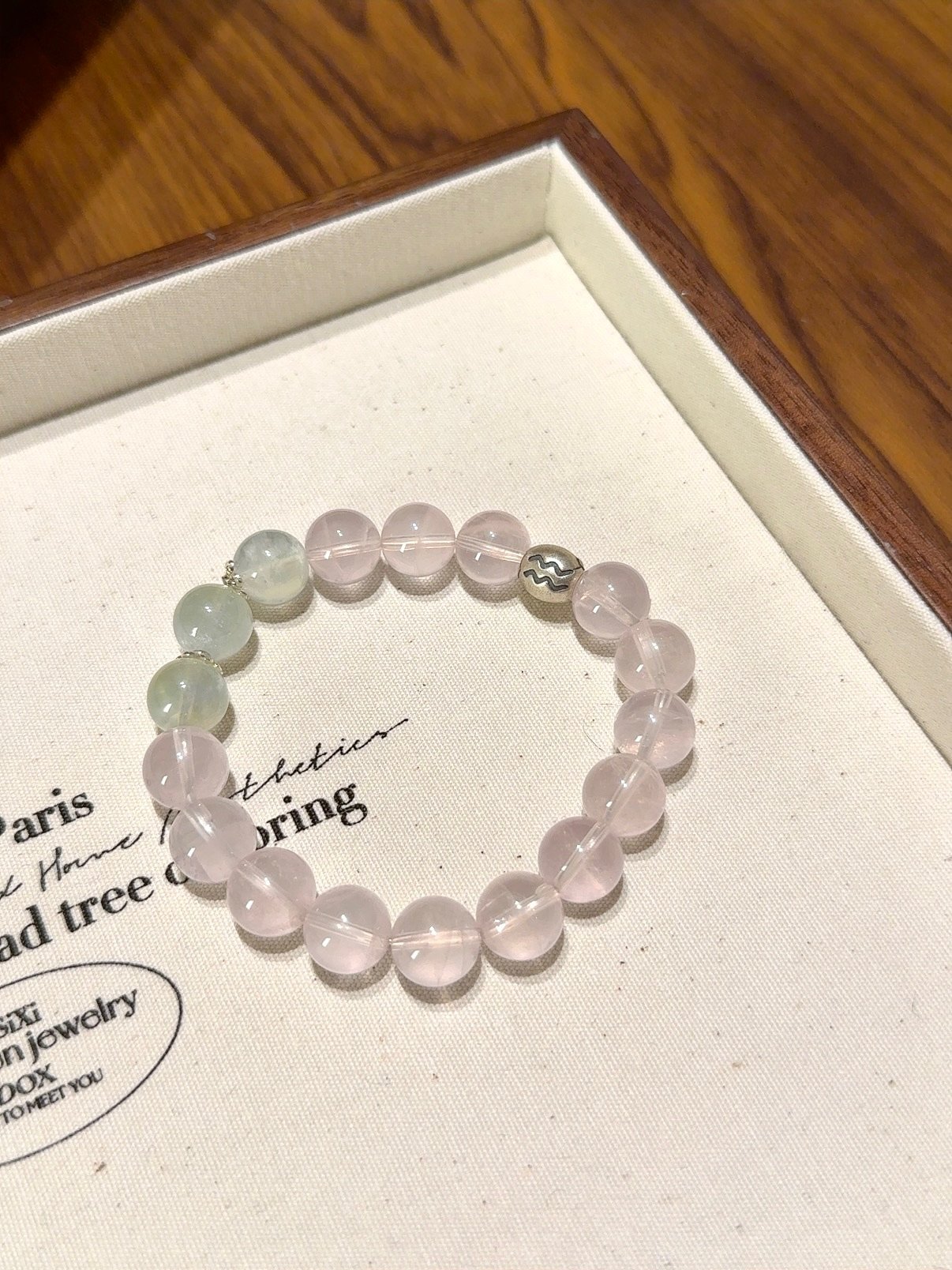 Aquarius Zodiac Bracelet with Rose Quartz and Prehnite beads for heart healing
