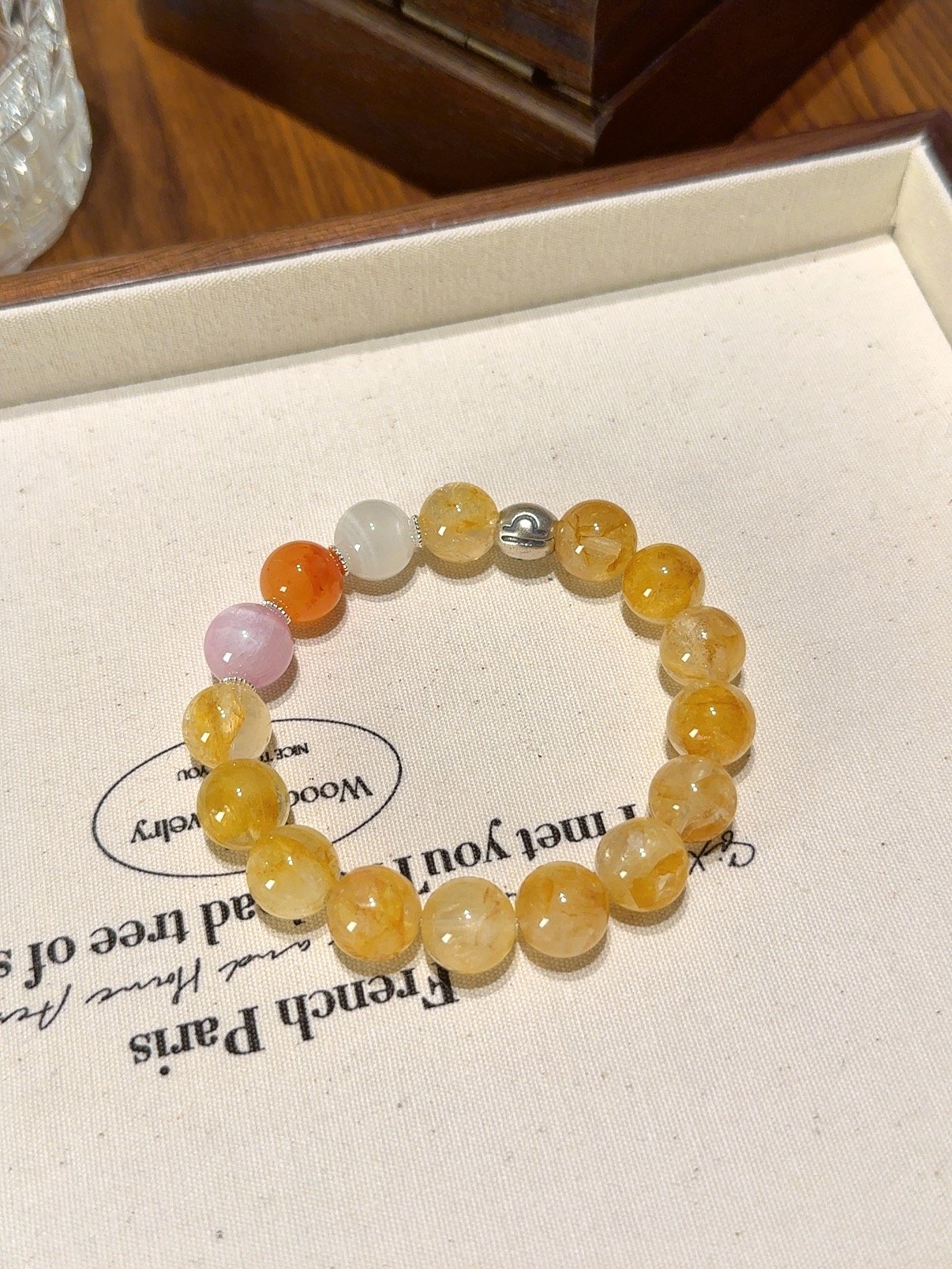 Libra Zodiac Bracelet with Yellow Phantom Quartz, Red Agate, Kunzite and Moonstone beads