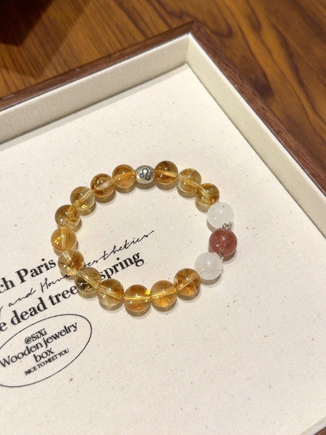 Leo Zodiac Bracelet with Yellow Fluorite, White Phantom Quartz and Strawberry Quartz beads