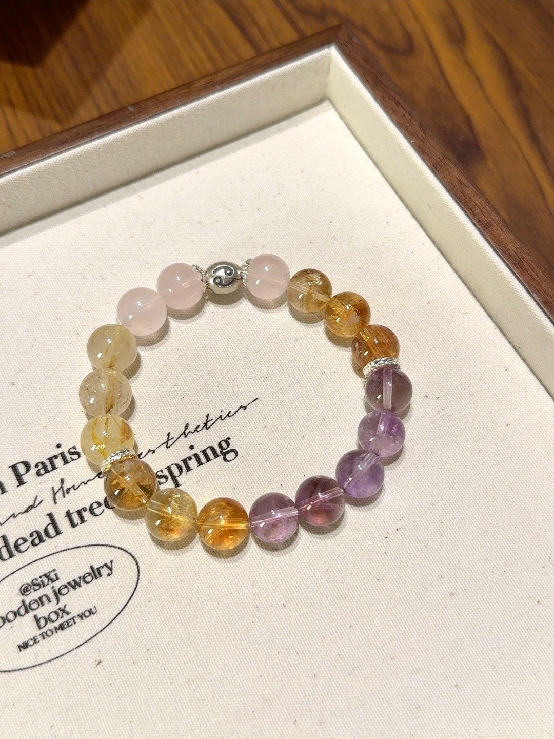 Cancer Zodiac Bracelet with Rose Quartz, Yellow Fluorite, Amethyst and Rutilated Quartz beads