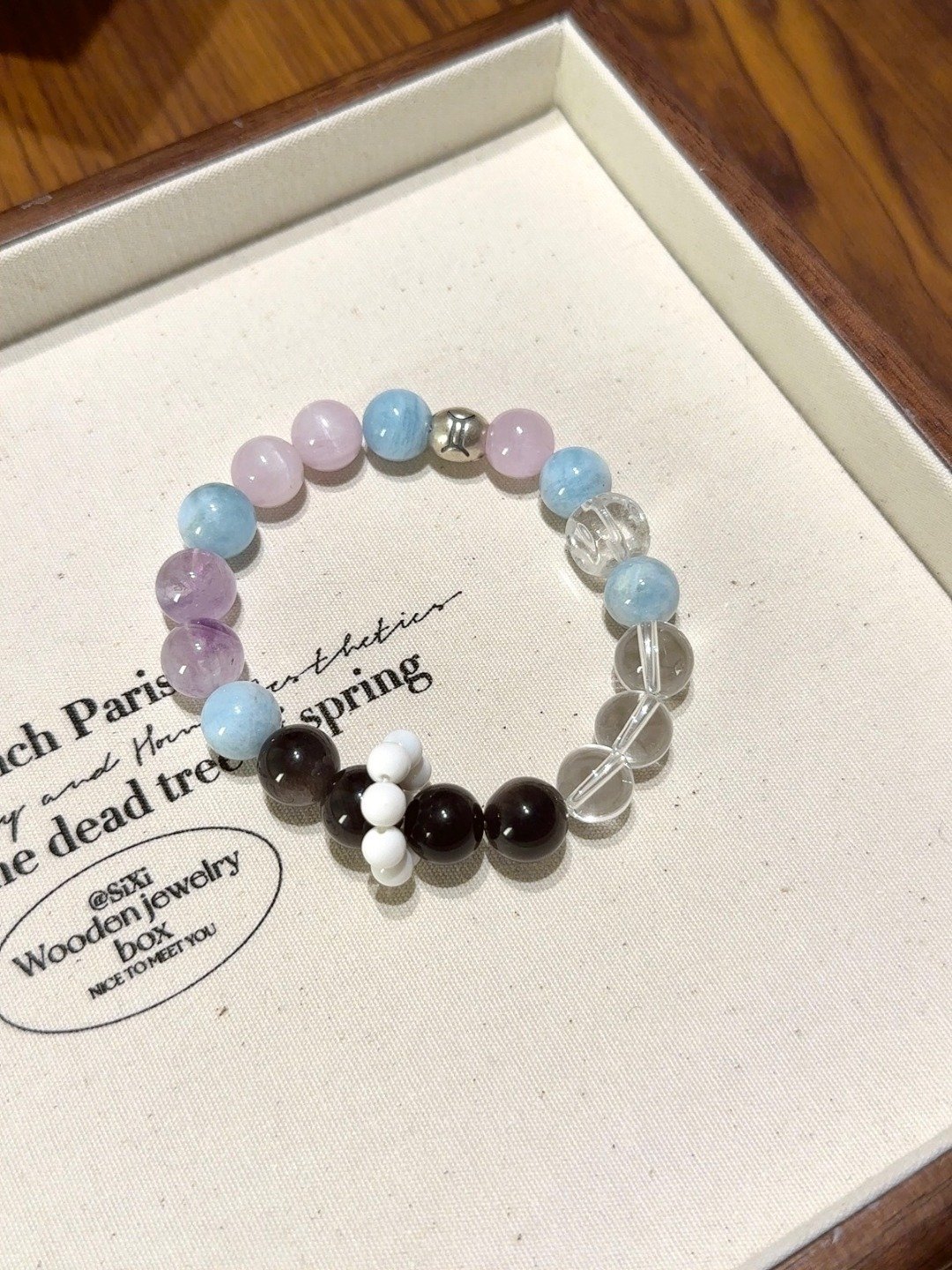 Gemini Zodiac Bracelet with Clear Quartz, Silver Sheen Obsidian, Aquamarine and Kunzite beads