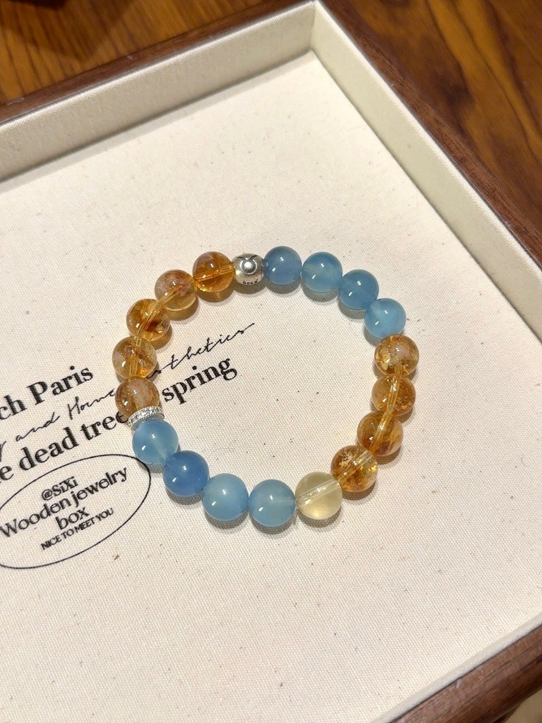 Taurus Zodiac Bracelet with Citrine Yellow Fluorite and Aquamarine beads for abundance