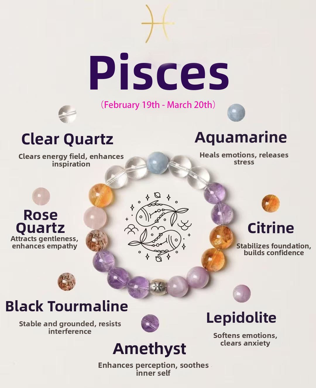Pisces Zodiac Bracelet with 6 Crystals: Clear Quartz, Amethyst, Kunzite, Yellow Fluorite, Rose Quartz, Aquamarine
