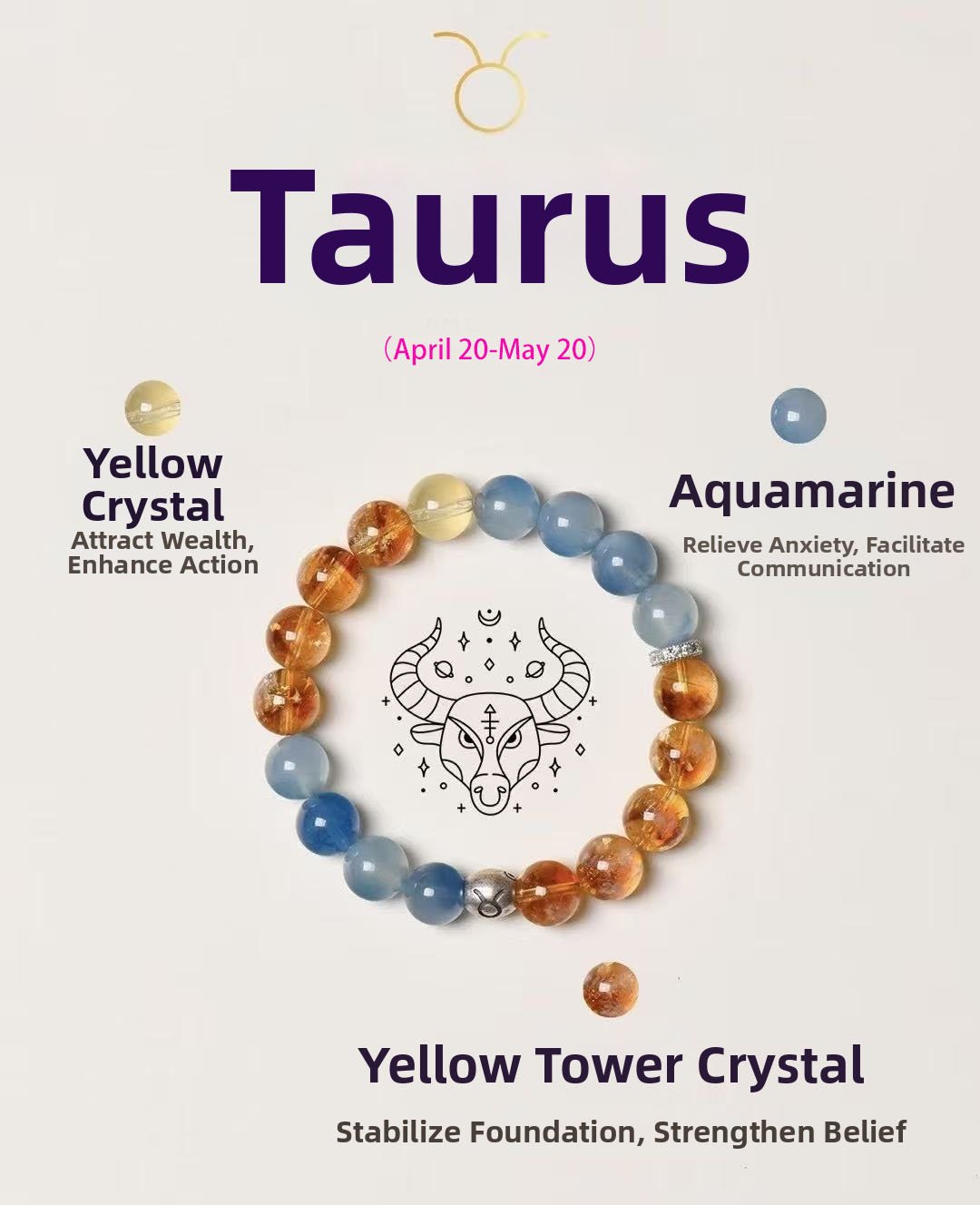 Taurus Zodiac Bracelet with Citrine Yellow Fluorite and Aquamarine beads for abundance