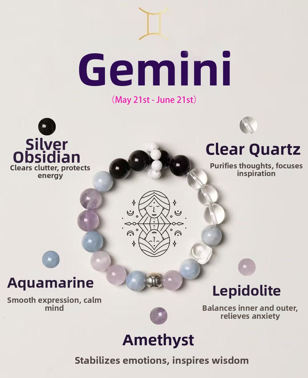 Gemini Zodiac Bracelet with Clear Quartz, Silver Sheen Obsidian, Aquamarine and Kunzite beads