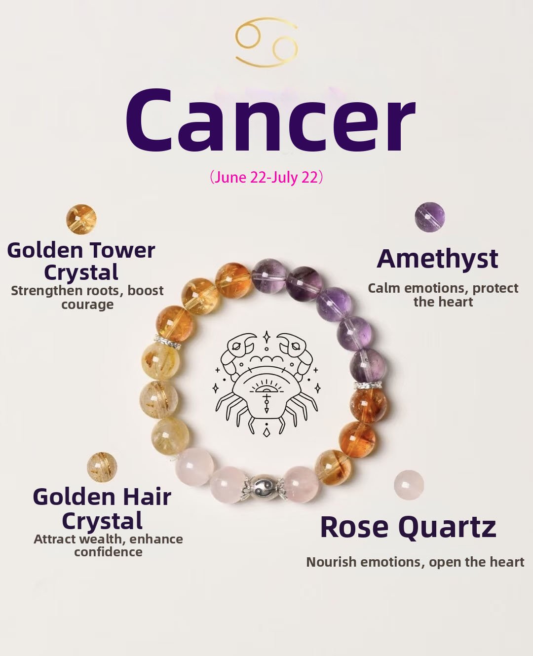 Cancer Zodiac Bracelet with Rose Quartz, Yellow Fluorite, Amethyst and Rutilated Quartz beads