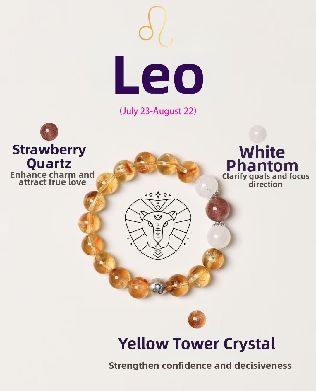 Leo Zodiac Bracelet with Yellow Fluorite, White Phantom Quartz and Strawberry Quartz beads