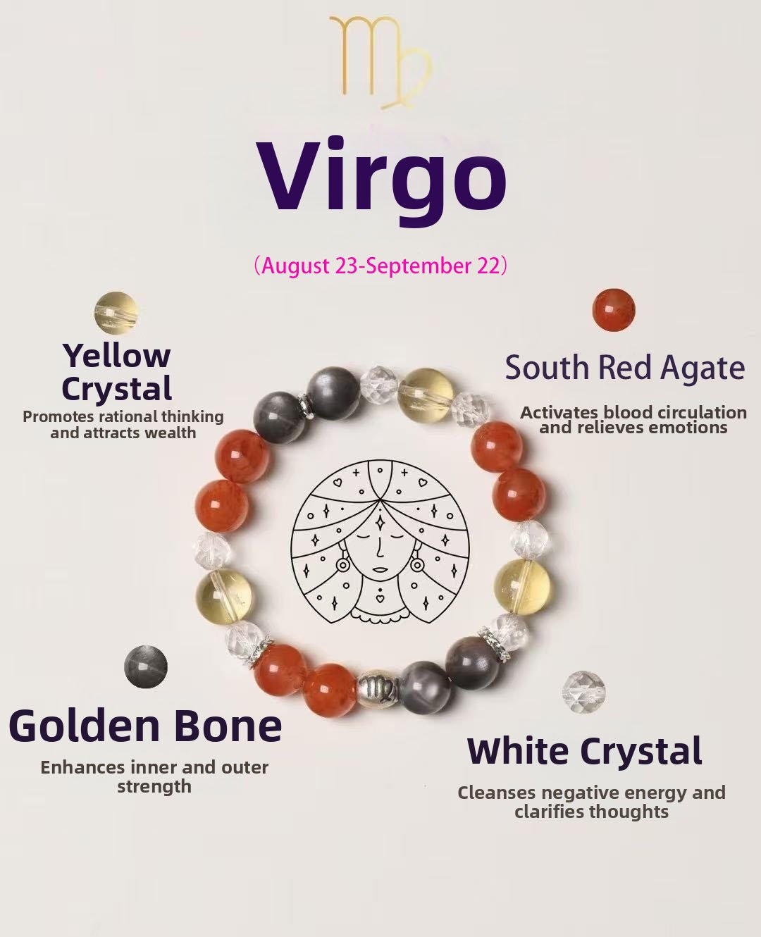 Virgo Zodiac Bracelet with Red Agate, Citrine and Clear Quartz beads