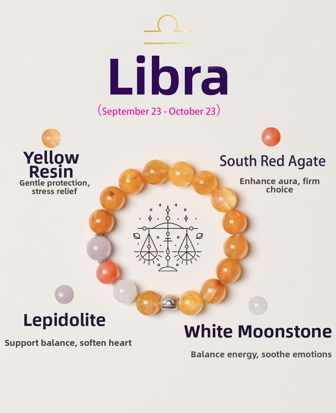 Libra Zodiac Bracelet with Yellow Phantom Quartz, Red Agate, Kunzite and Moonstone beads