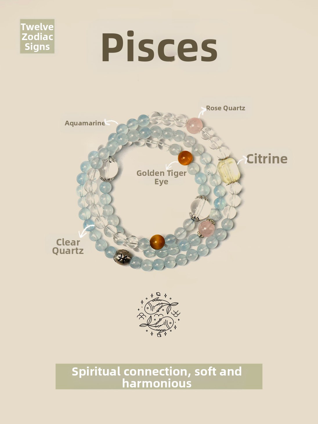 Pisces Zodiac Bracelet with 4 Crystals for Sensitive Souls