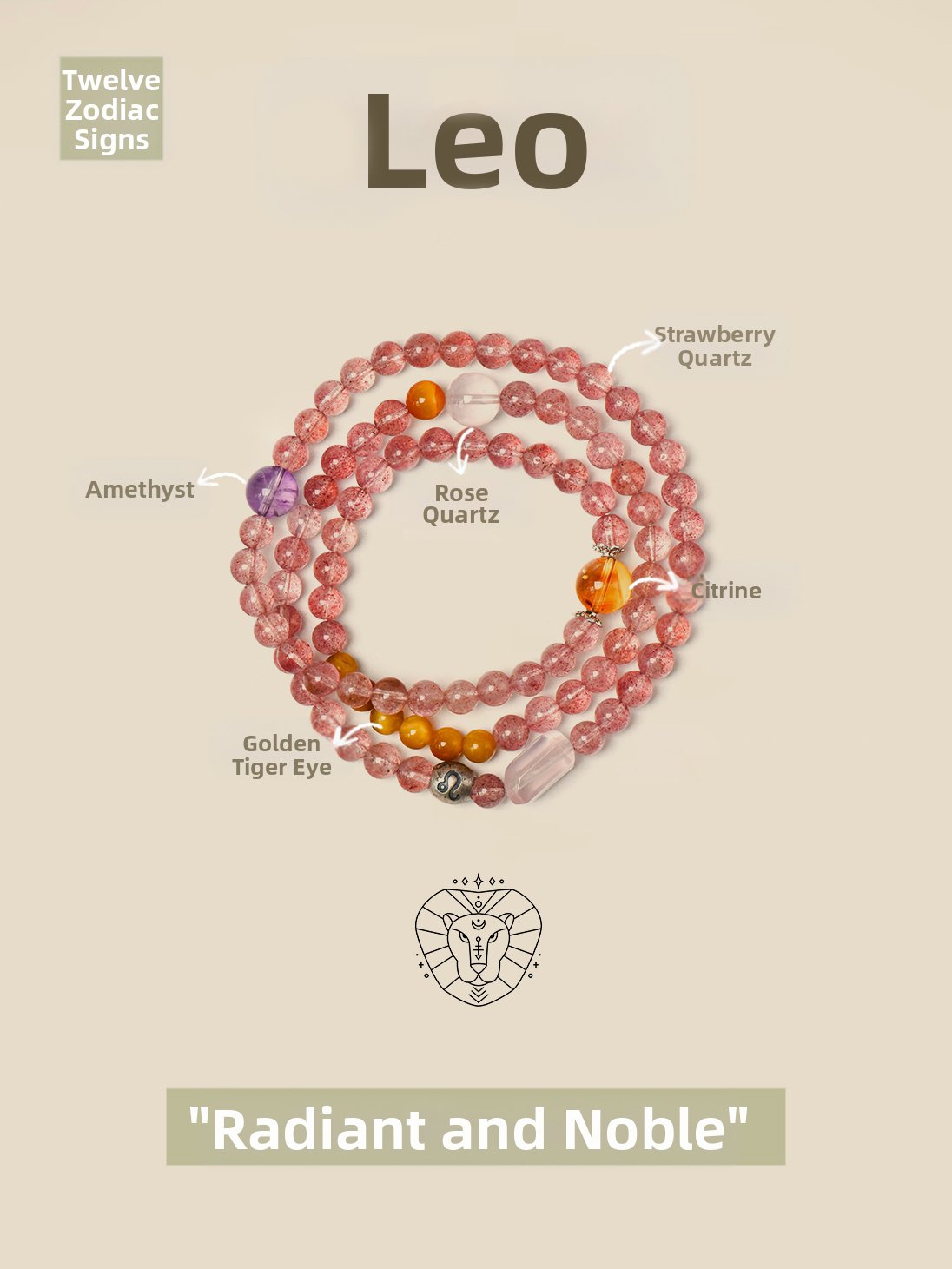 Leo Zodiac Bracelet with 5 Powerful Crystals for Leadership & Charisma